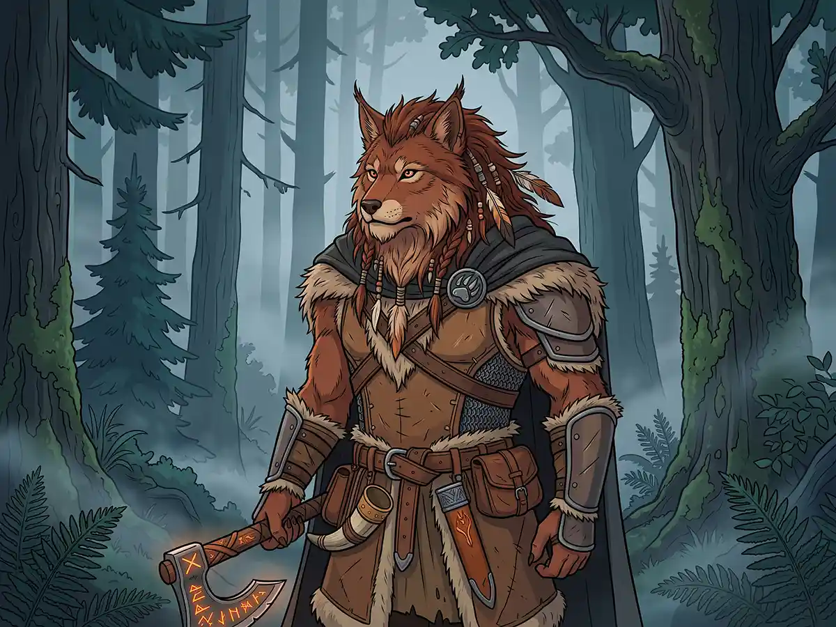 Fierce fantasy beastfolk warrior roaring in a wild tribal setting