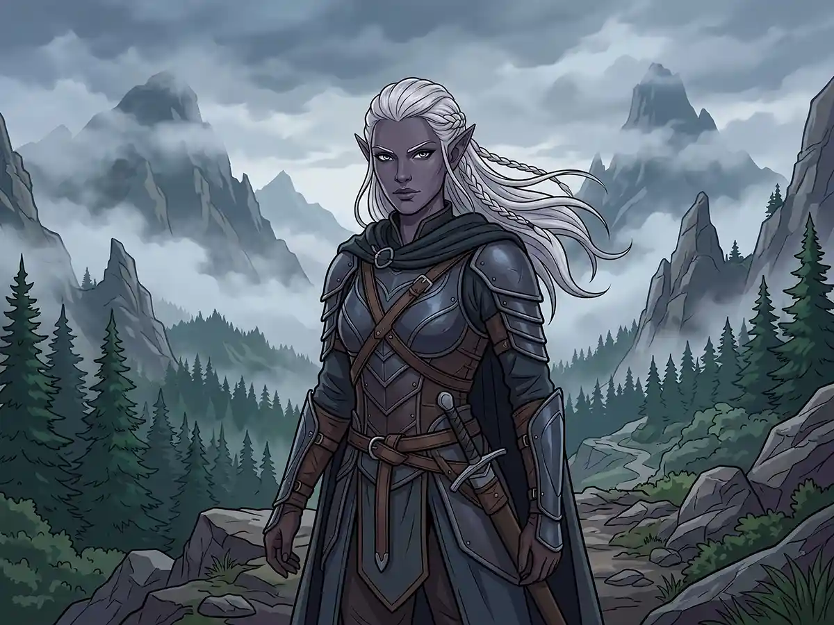 A mysterious dark elf rogue hiding in gothic subterranean shadows