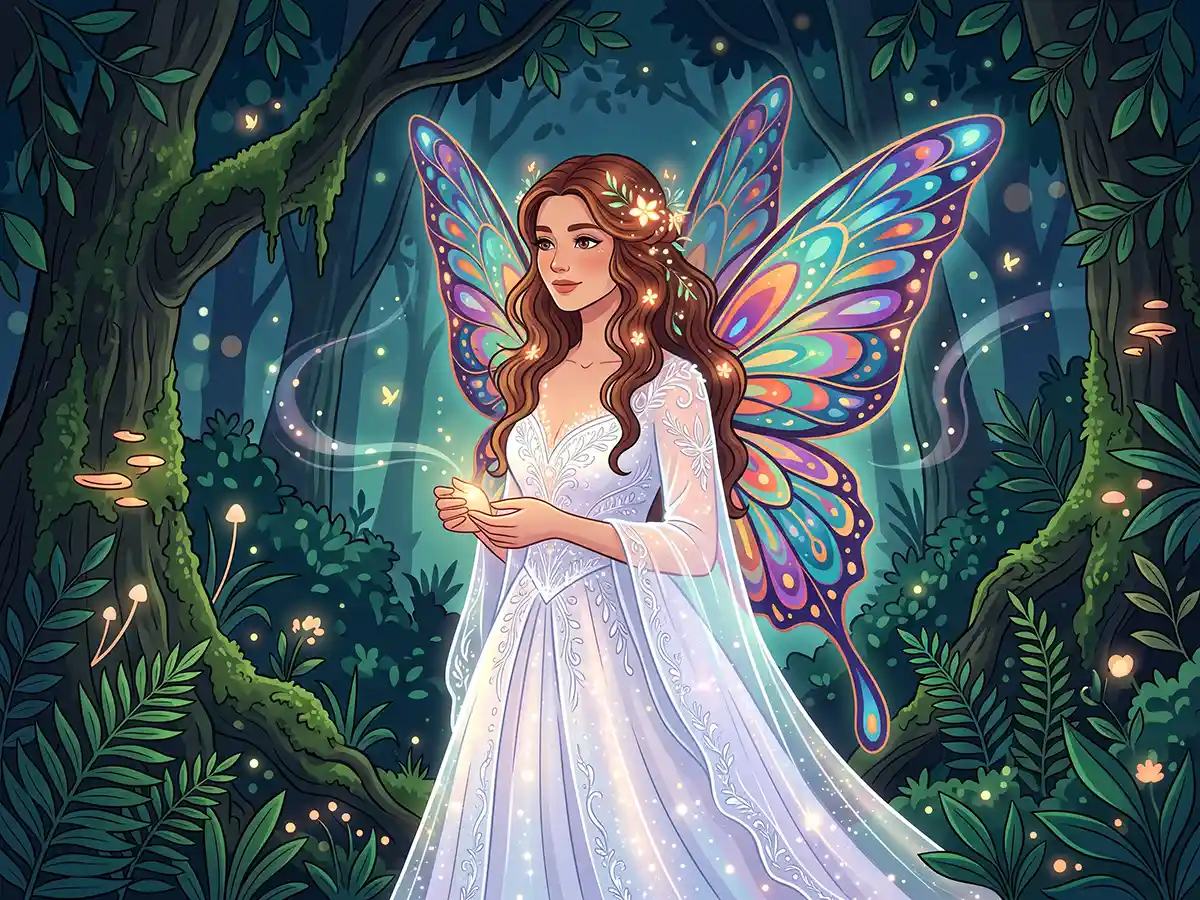 A glowing mystical fairy hovering in an enchanted sylvan glade