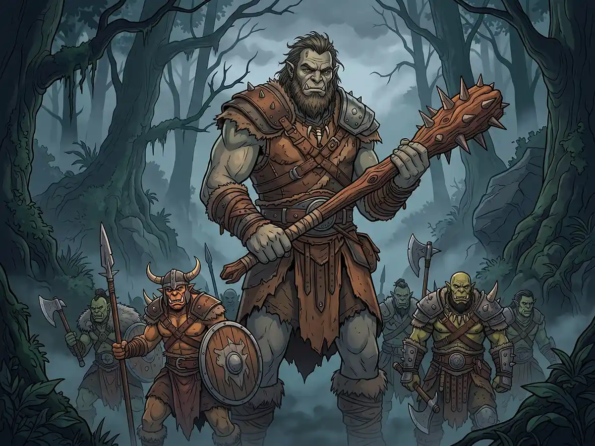 Illustration of an ancient fantasy giant towering over a misty mountain landscape