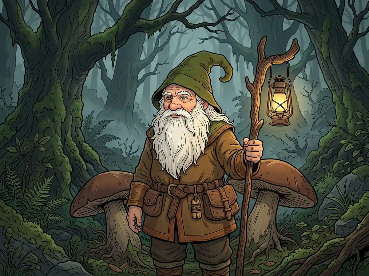A cheerful fantasy gnome tinkerer surrounded by glowing clockwork gadgets