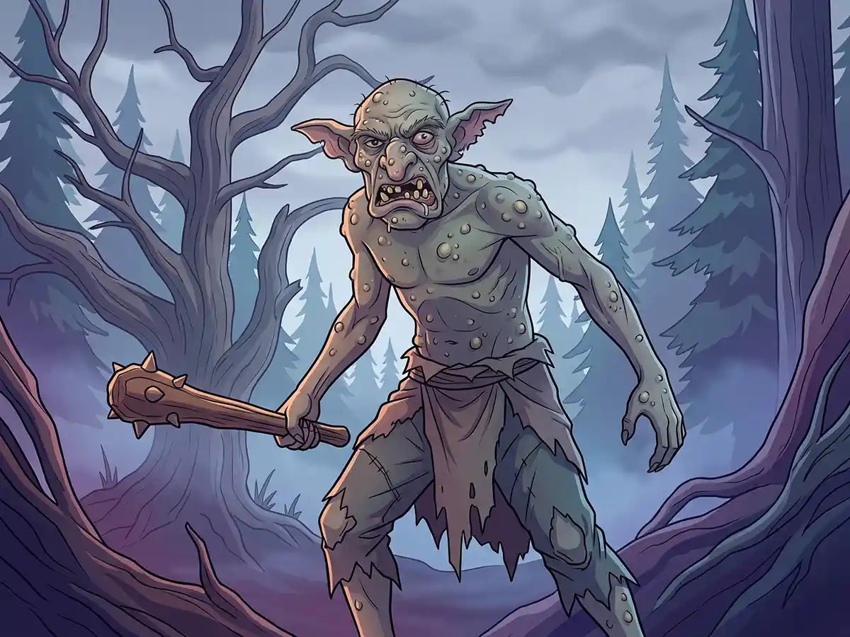 A mischievous fantasy goblin holding shiny gold coins and explosive gadgets