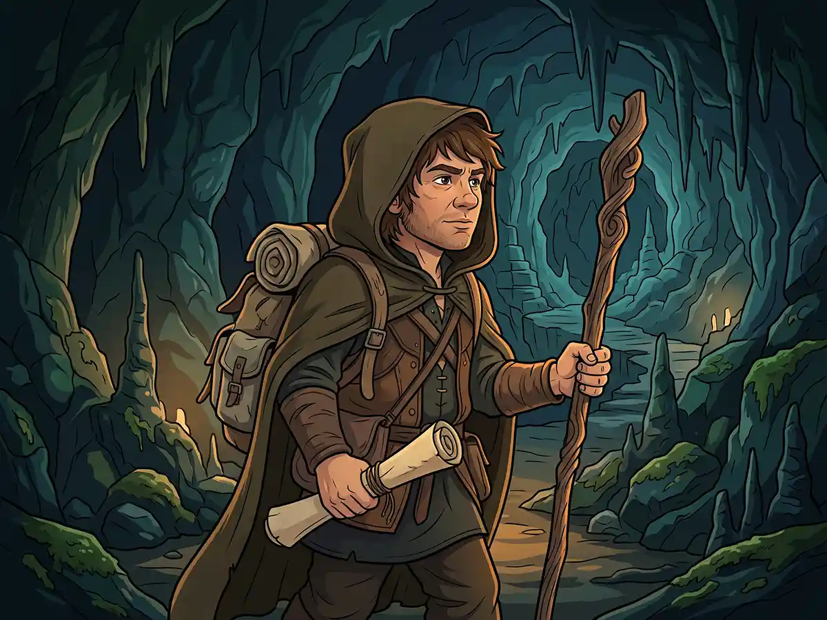 A cheerful halfling adventurer relaxing outside a cozy rustic tavern