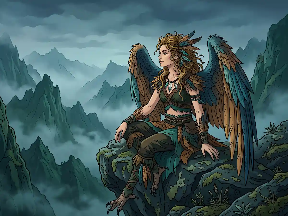 A fierce fantasy harpy soaring through a stormy sky