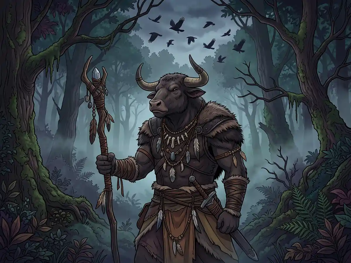 A massive, heavily armored minotaur standing in an ancient stone labyrinth
