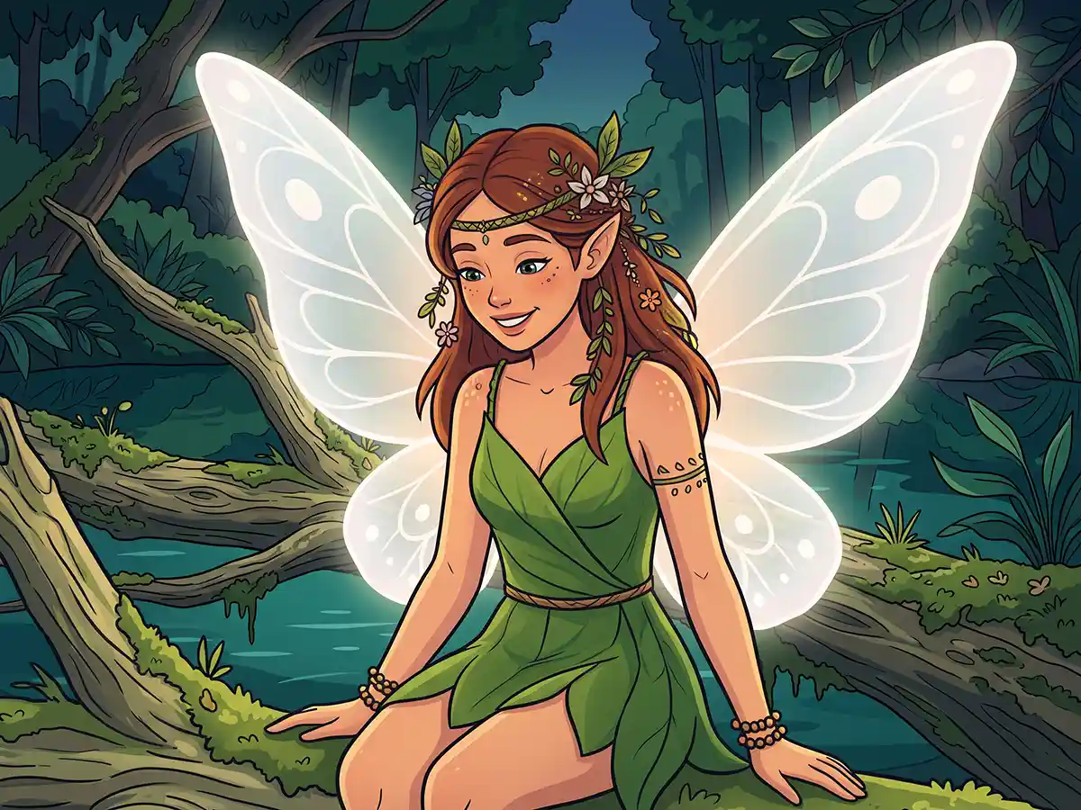 A mischievous pixie fluttering in a magical, glowing forest