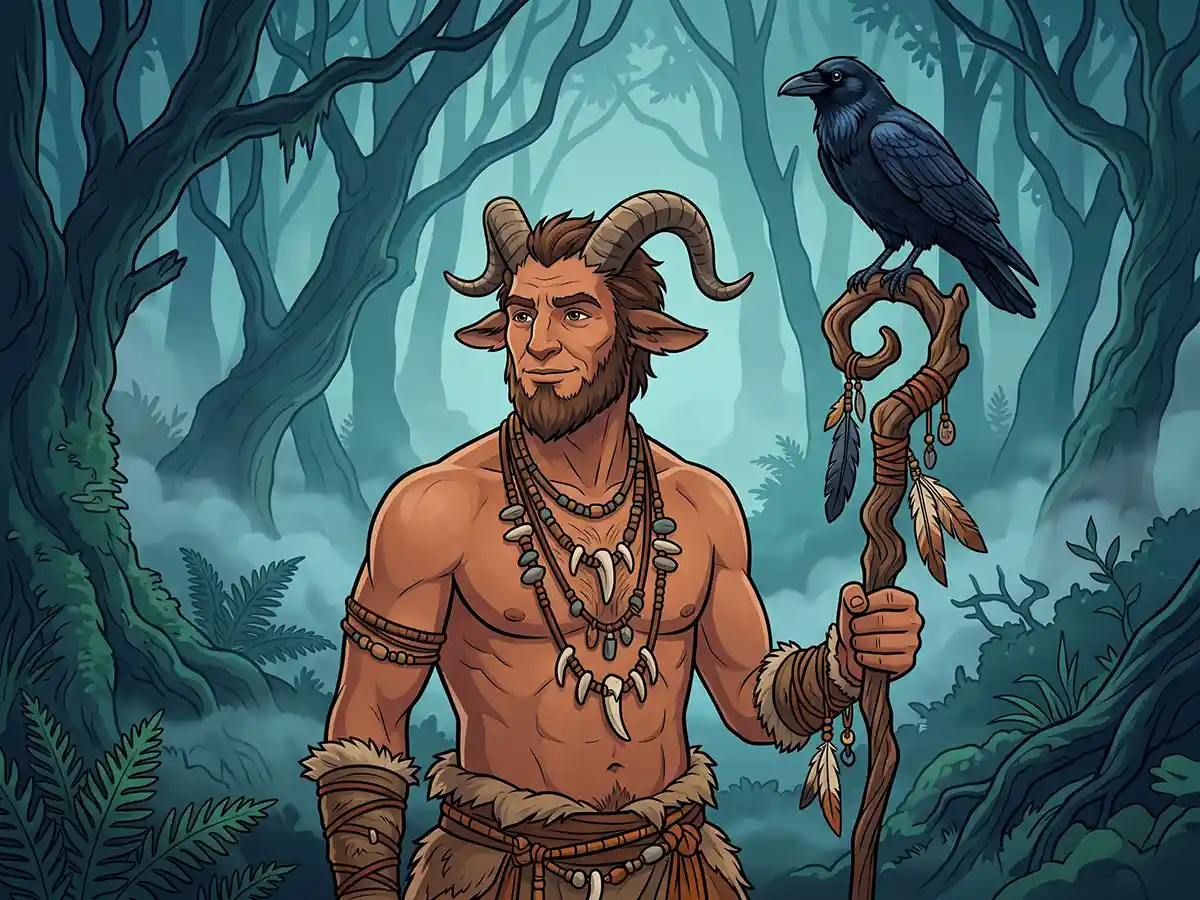 A smiling satyr playing panpipes in a mystical sylvan forest
