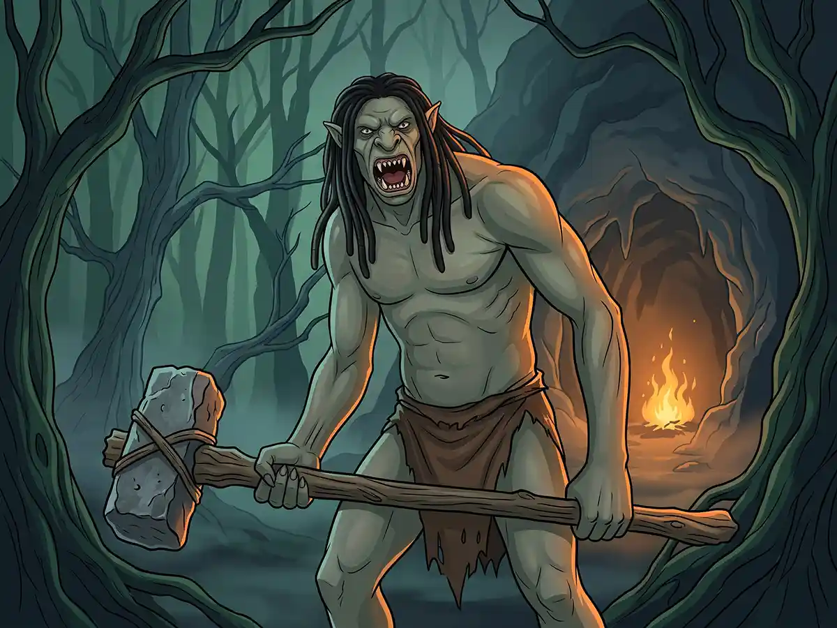 A hulking fantasy troll shaman holding a primal staff