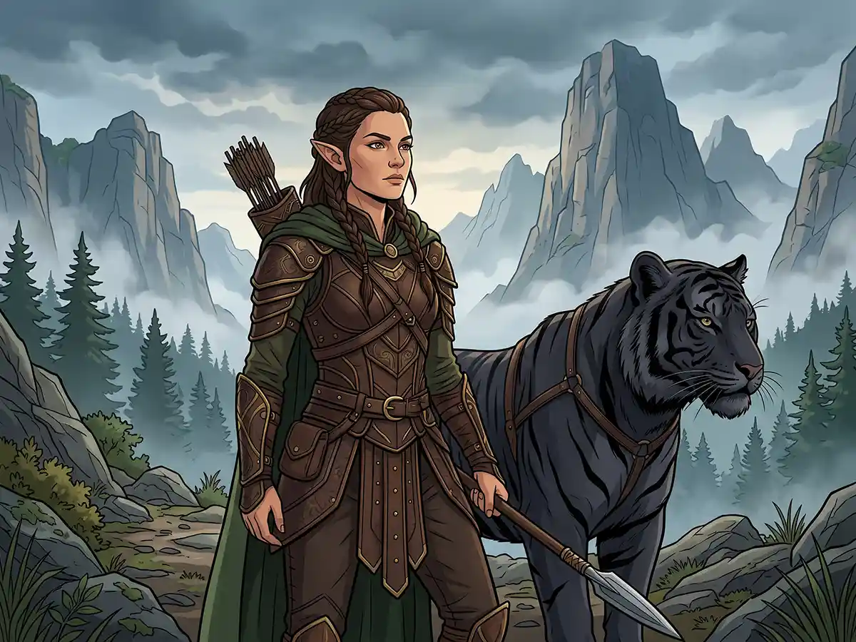 A nimble wood elf ranger drawing a bow in a dense sylvan forest