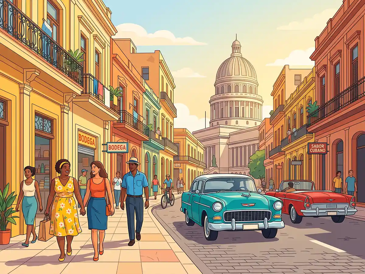 Illustration of a Cuban street with classic cars and culture