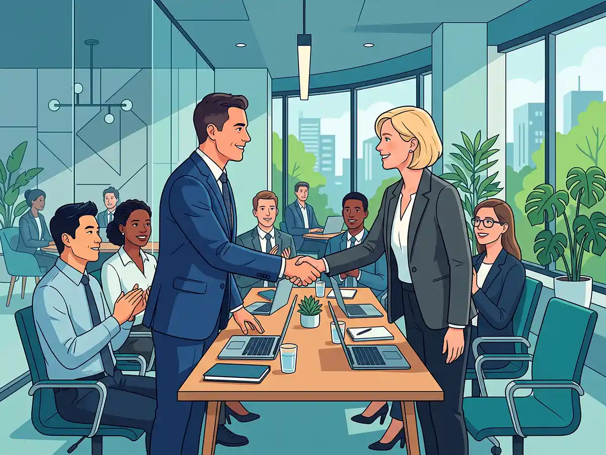 Two professionals shaking hands in a meeting room to seal a deal.