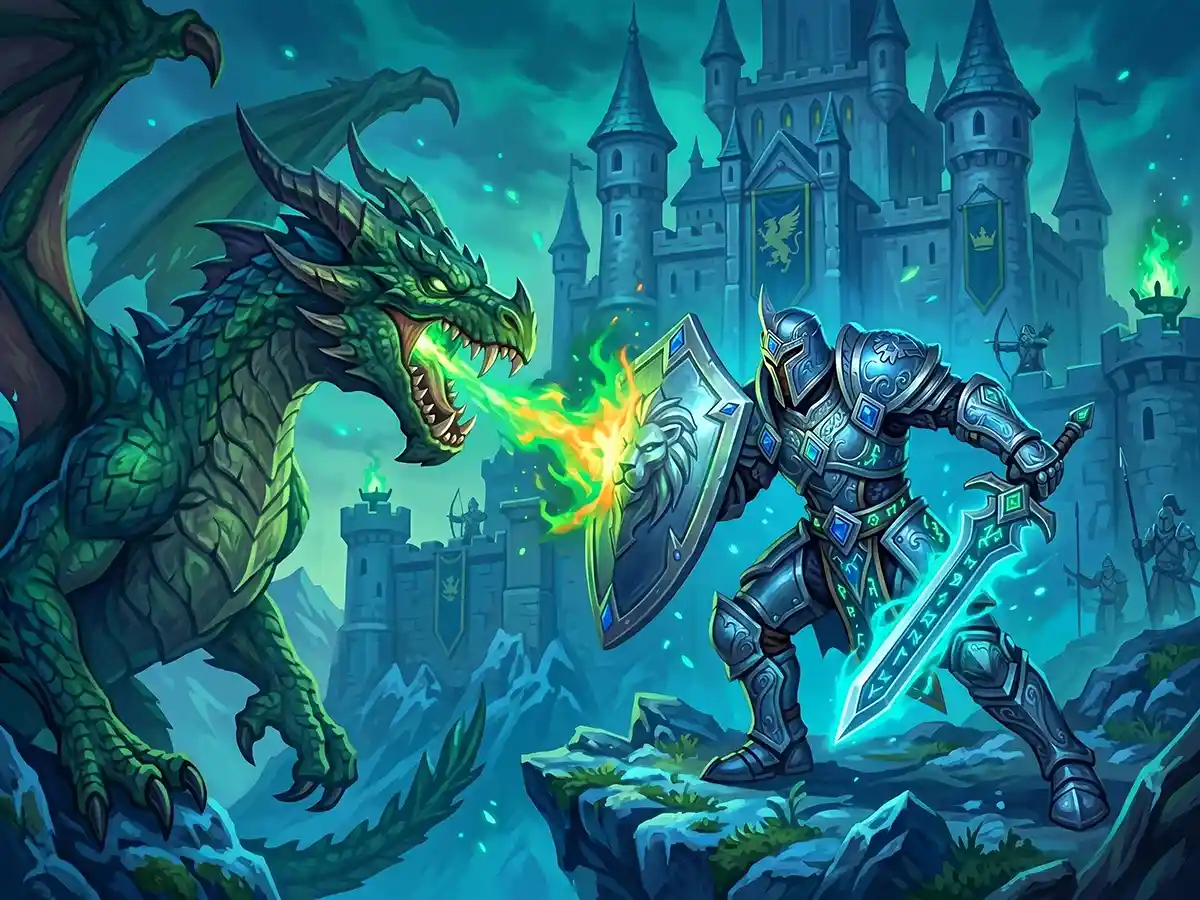 A detailed fantasy digital painting of a battle between a runic-armored knight and a large green dragon. The knight, in glowing blue-runed armor and holding a glowing runic greatsword, uses a lion-headed shield to block a torrent of green and yellow fire erupting from the dragon's mouth. The scene takes place on a rocky cliffside, with a massive medieval castle and smaller figures on its battlements visible in the background under a stormy, green-blue sky.