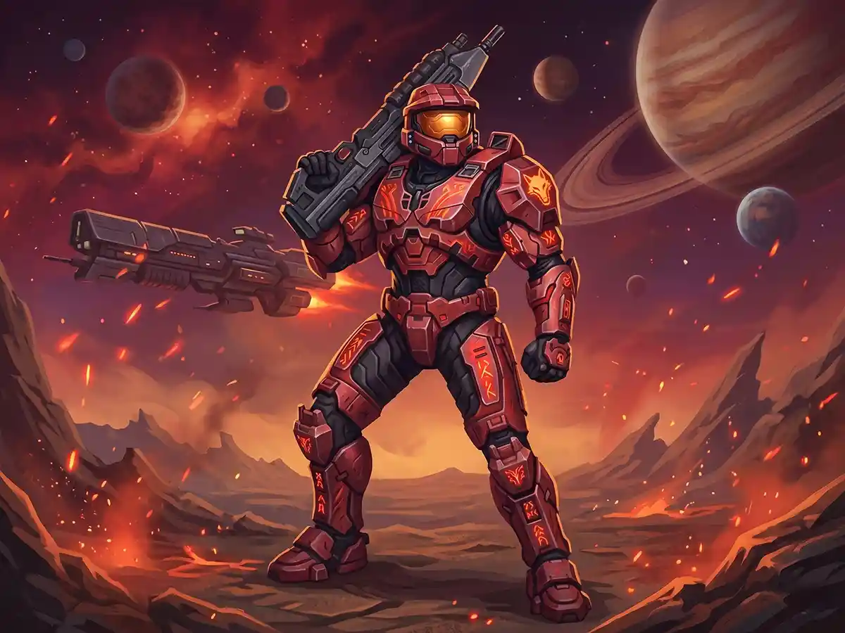 A detailed digital painting depicting a futuristic super-soldier in intricate, flame-patterned red and orange armor with a prominent wolf-head emblem on the chest. The soldier holds a large heavy railgun over his shoulder and stands dynamically on a rugged, volcanic-like rocky surface with lava pools. The background features a dramatic, fire-filled alien sky with multiple planets, including a ringed one, a damaged smoking spacecraft, and swirling cosmic clouds.