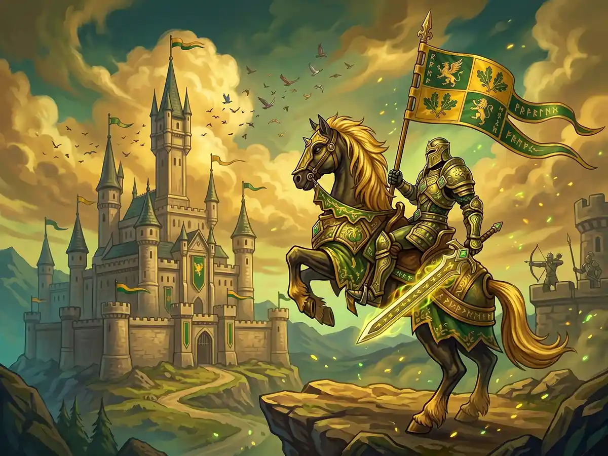 A detailed fantasy digital painting depicting a fully armored knight in intricate green and gold plating, mounted on a rearing horse with a matching bardağa on a rocky precipice. The knight holds a massive green and gold banner with griffon crests and the word 'PEACE', and a glowing, rune-etched greatsword. In the background, a vast, multi-spired fantasy castle with identical flags stands under a partly cloudy sky with a flock of birds. The foreground shows a rocky path, and the scene is filled with glowing magical light, with small figures of archers at the castle gates.