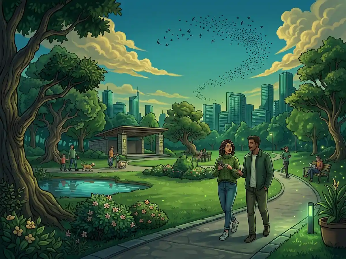 A vibrant digital illustration depicting a young couple on a lit stone pathway in a lush city park during a magical twilight hour. The woman looks down at her smartphone while strolling with her partner. Around them, various activities unfold: a family walks a dog near a small pond, a person reads on a bench, and a runner is further down the path. A performance pavilion stands under a dramatic, colorful dusk sky. In the background, a modern city skyline forms the backdrop, while a large, swirling flock of birds creates a dynamic pattern in the sky and glowing fireflies dance between the trees and bushes.