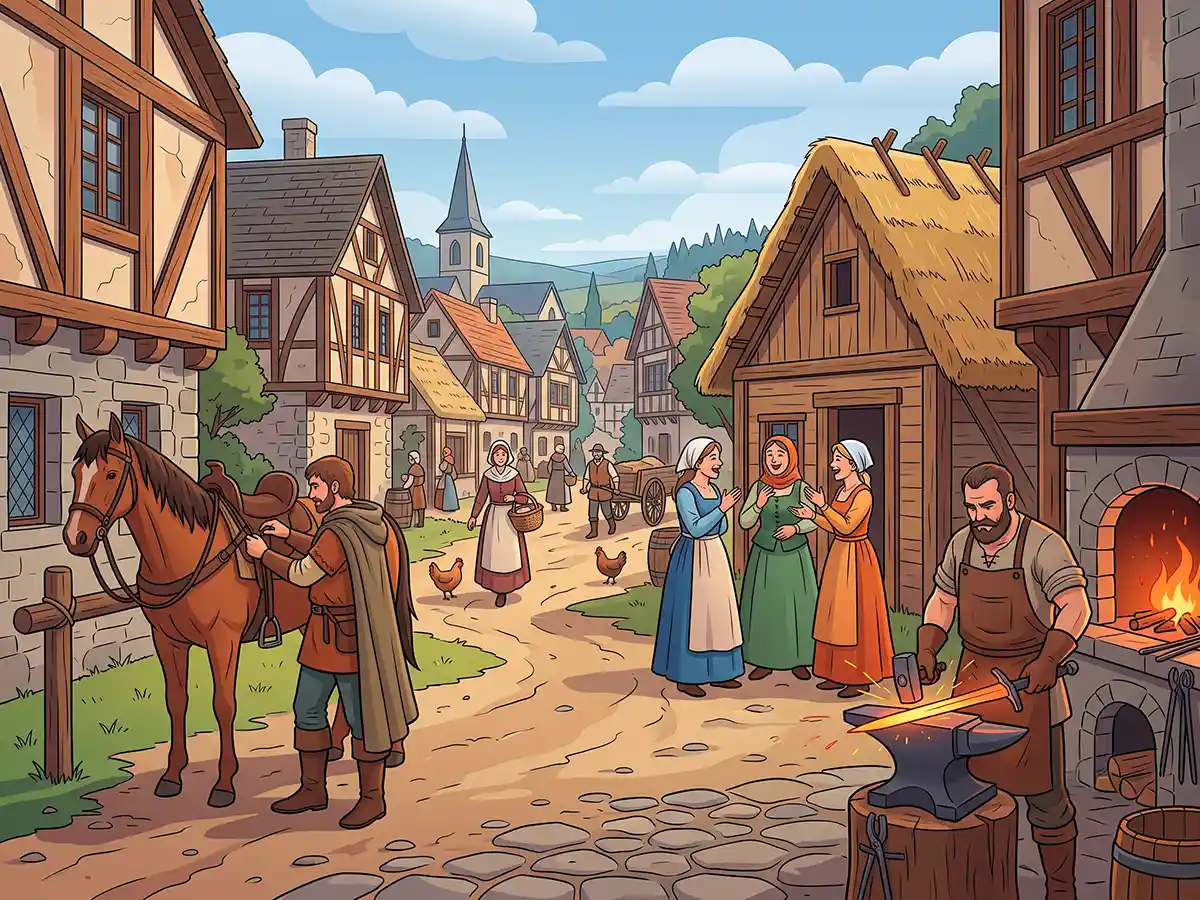 A detailed illustration of a bustling medieval European village street. In the foreground, a blacksmith forges a sword on an anvil near a fire, while a man saddles a horse nearby. Villagers mill about, and a group of women in colorful dresses chats. Half-timbered and thatched-roof buildings, and a distant church spire, line the dirt path under a sunny sky.