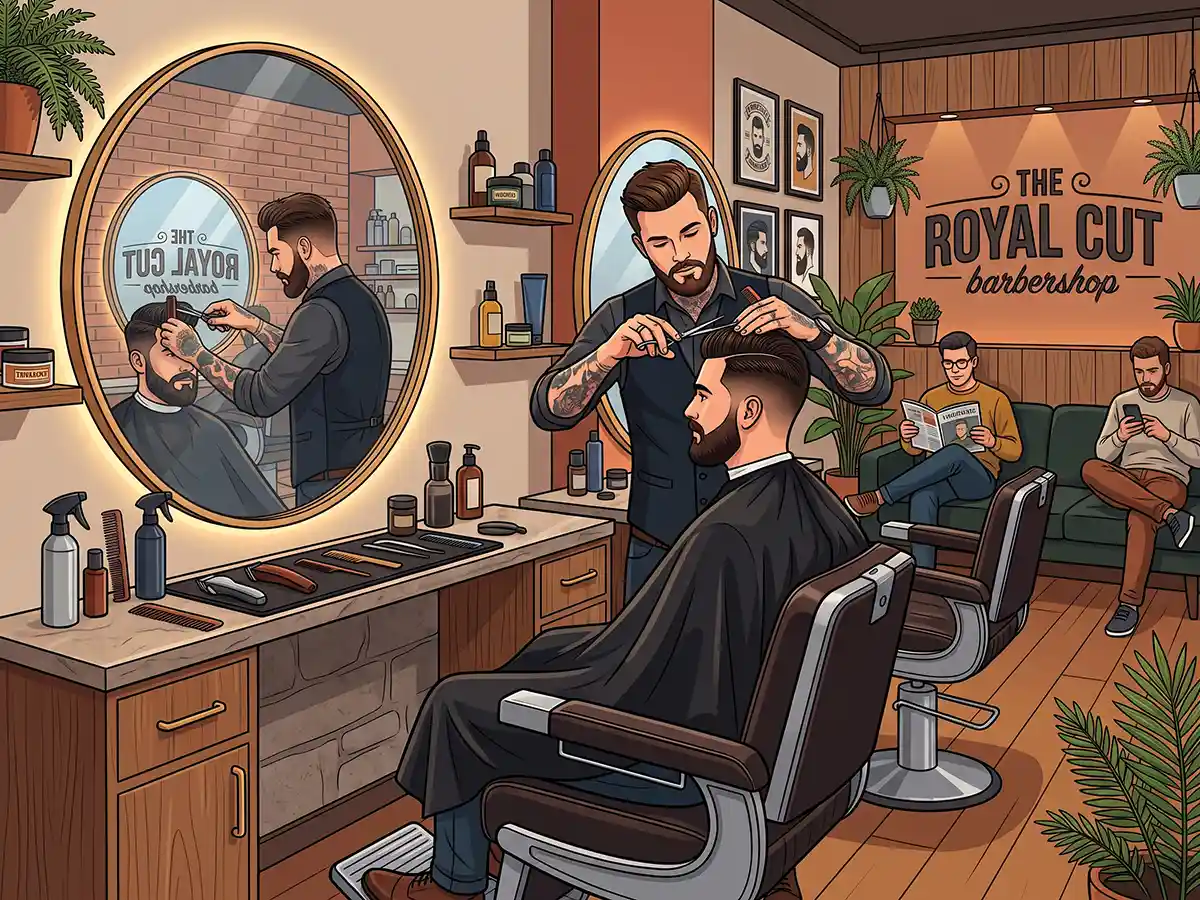 Barber cutting hair in a modern vintage barbershop setup