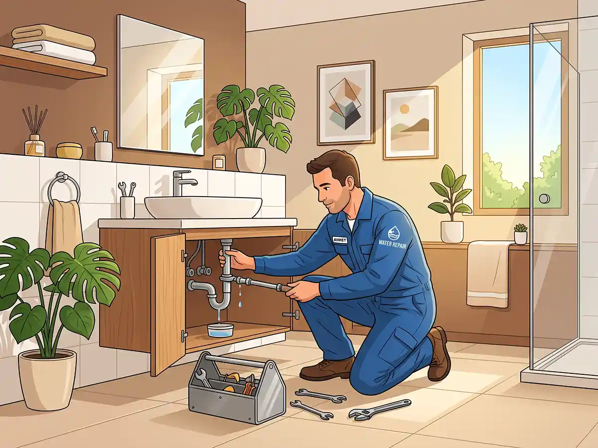 Professional plumber in uniform fixing a residential pipe system