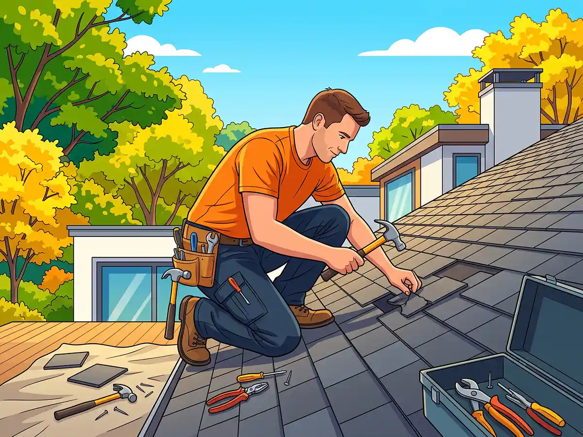 A professional roofer installing shingles on a residential roof