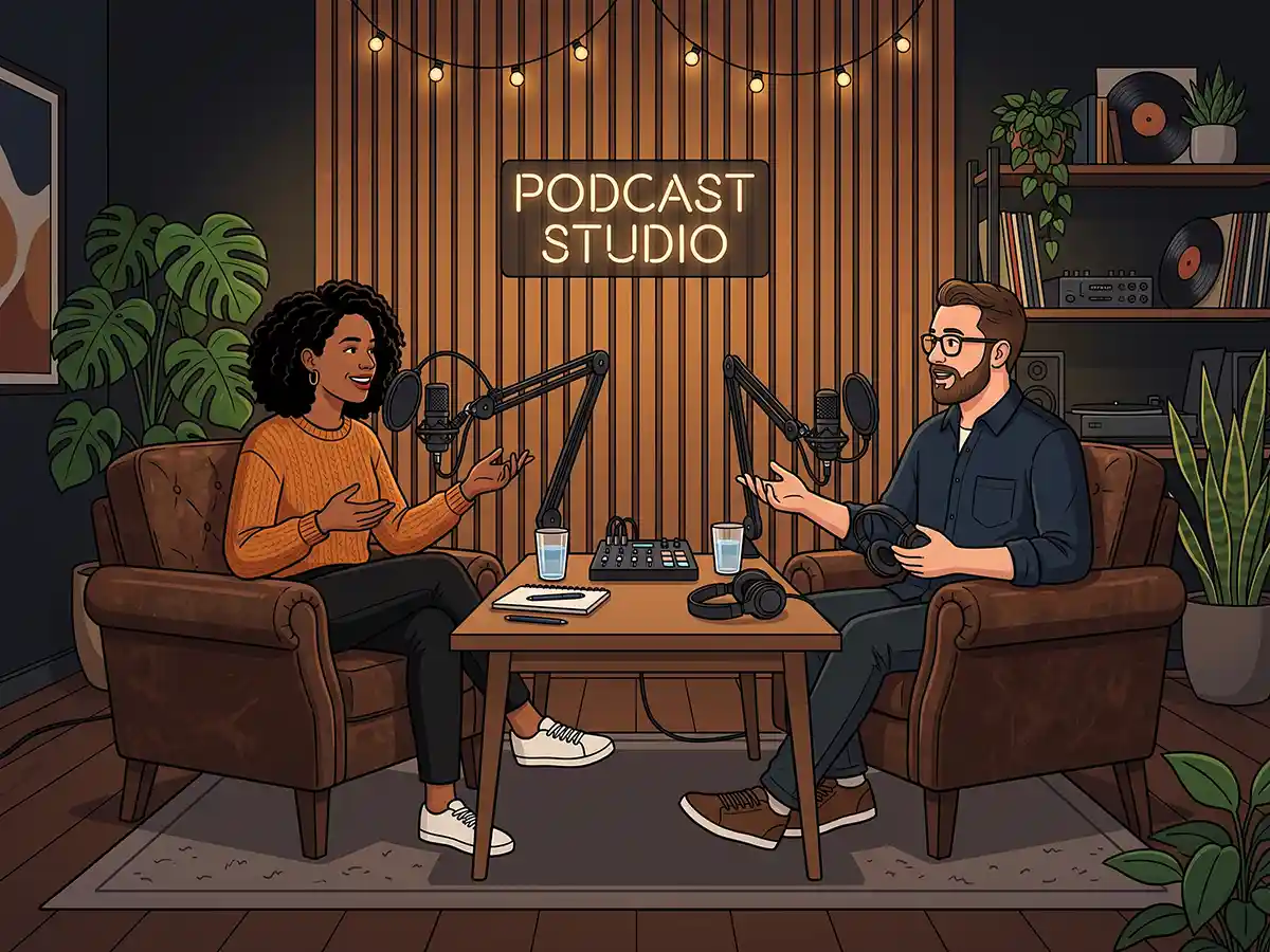Microphone and headphones representing podcast name generation