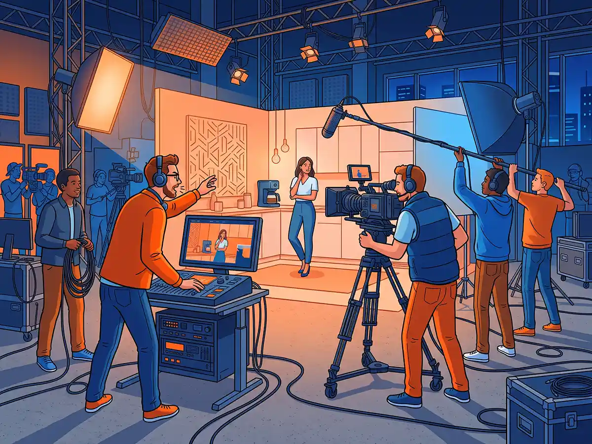 A cinematic clapperboard and camera representing video production company naming
