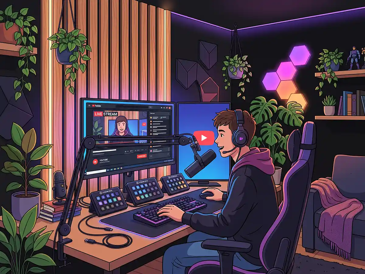 A content creator setup with a glowing YouTube channel name concept