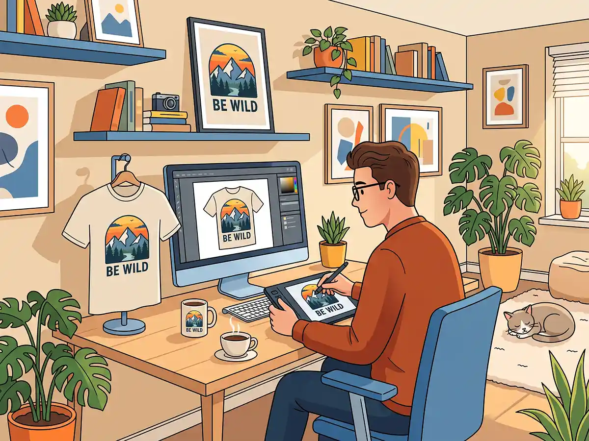 Aesthetic laptop workspace showing print on demand store name ideas