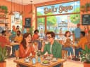 Warmly lit aesthetic cafe interior with pastries and comfortable seating