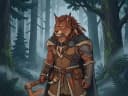 Fierce fantasy beastfolk warrior roaring in a wild tribal setting