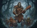 Illustration of an ancient fantasy giant towering over a misty mountain landscape