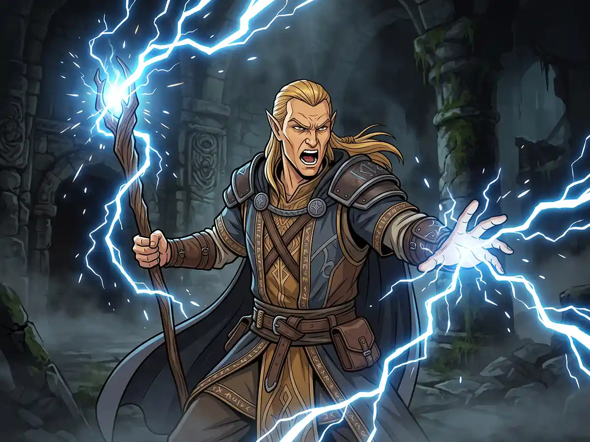 An elegant High Elf mage casting a spell in Skyrim