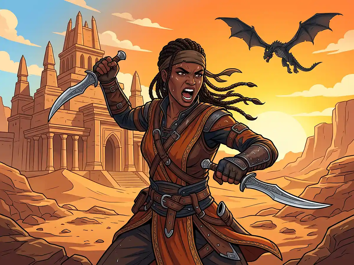 A fierce Redguard warrior from Hammerfell holding a curved sword