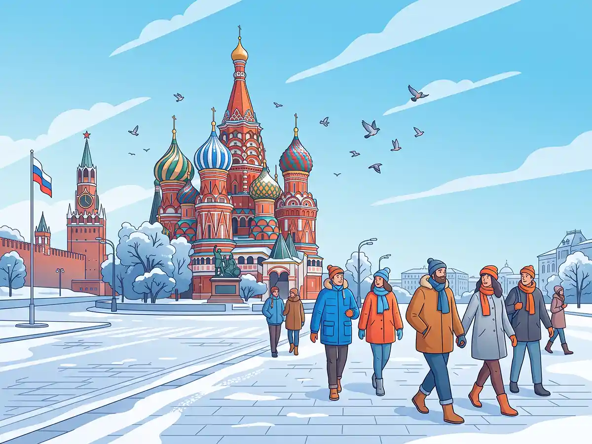 Illustration of a traditional Russian landscape and Cyrillic typography