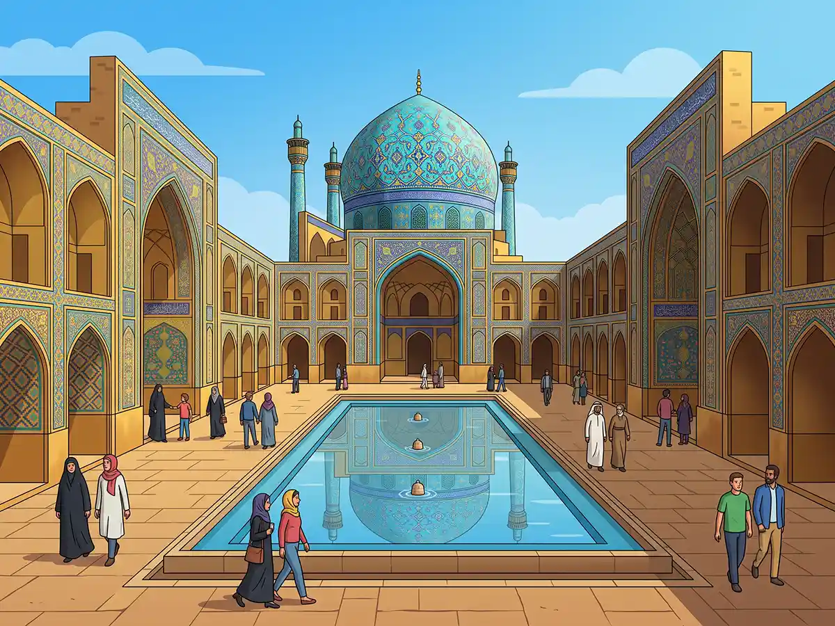 Ancient Persian architecture with intricate golden and blue tile details