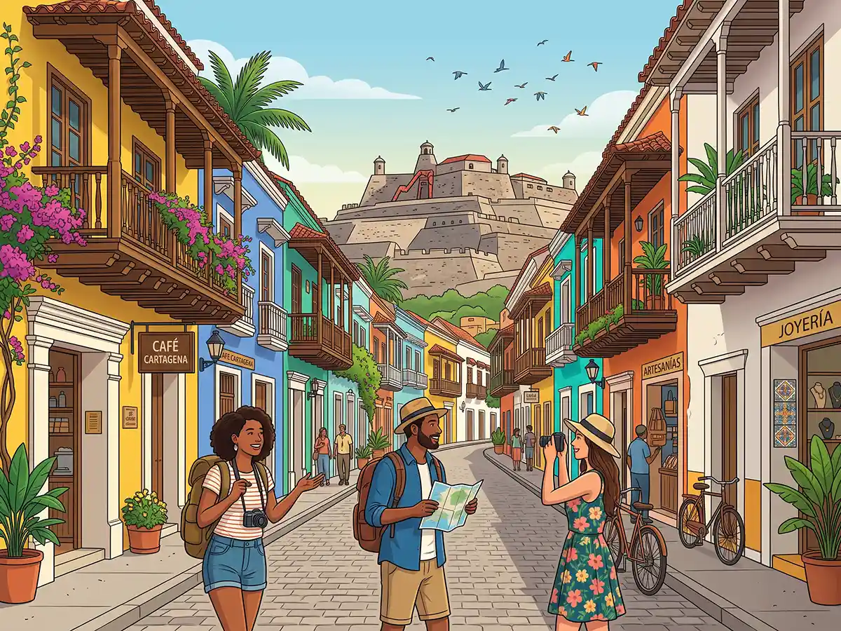 Illustration of diverse Colombian people in vibrant traditional and modern clothing