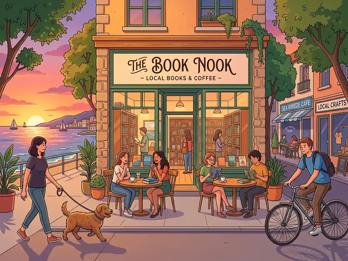Illustration of diverse local retail shop storefronts on a city street