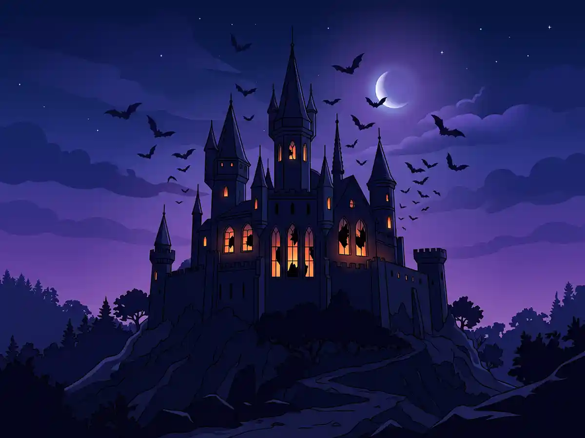 Atmospheric gothic castle surrounded by mist and dark fantasy village